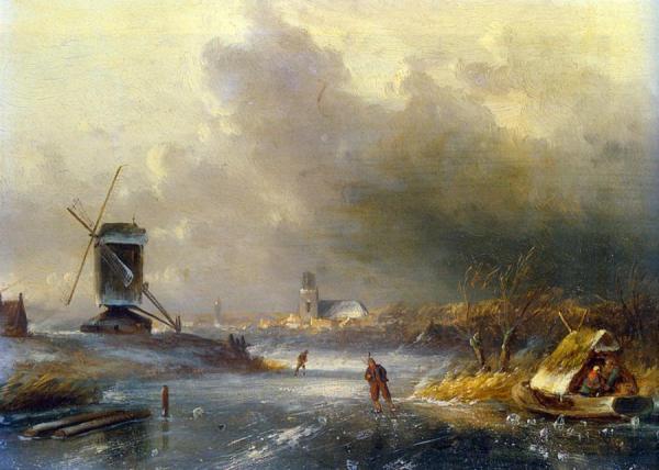 A Winter Landscape With Skaters On A Frozen River by Charles Henri Joseph Leickert