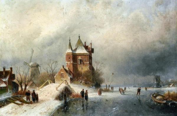Skaters In Holland by Charles Henri Joseph Leickert Oil Painting Reproductions