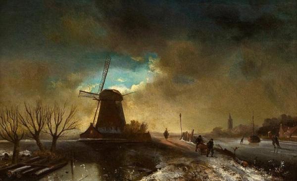 Winter Landscape With A Windmill by Charles Henri Joseph Leickert