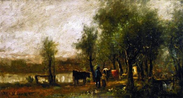 Walking Cattle By A Pond by Charles Henry Miller