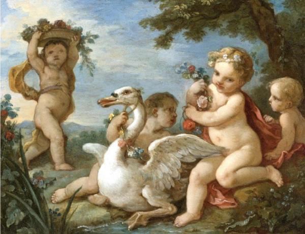 Putti Adorning A Swan With A Garland Of Flowers by Charles-joseph Natoire