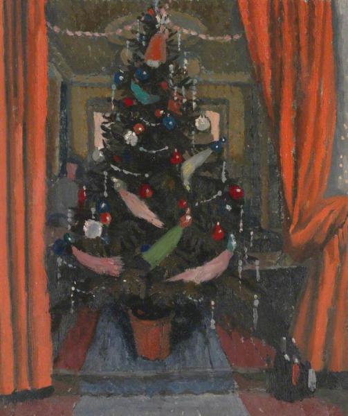 Christmas Tree Viewed Through Red Curtains by Charles Mahoney