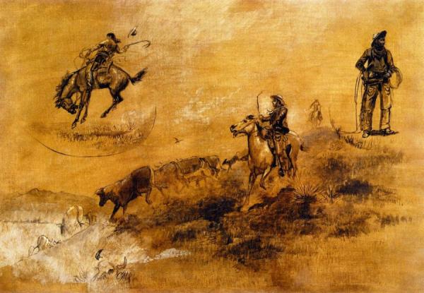 Bronco Busting/driving In by Charles Marion Russell