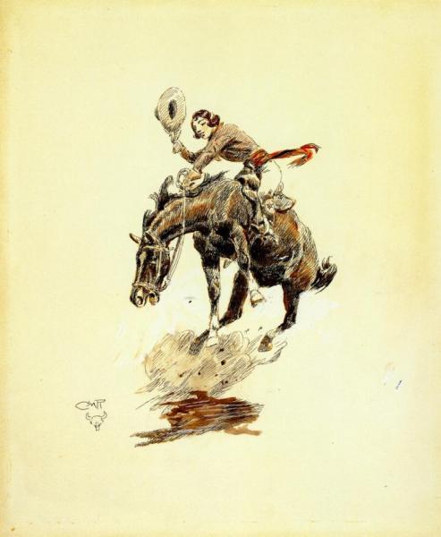 Bucking Horse And Cowgirl by Charles Marion Russell Oil Painting Reproductions
