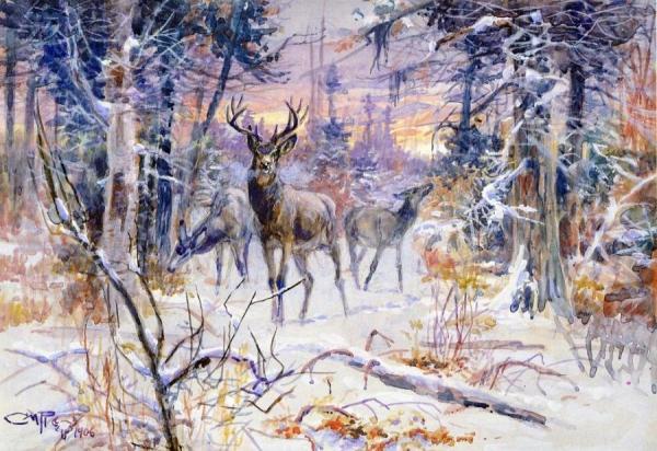 Deer In A Snowy Forest by Charles Marion Russell