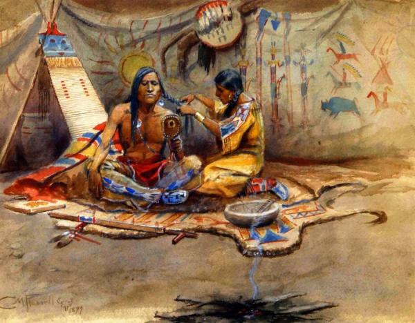 Indian Beauty Parlor by Charles Marion Russell Oil Painting Reproductions