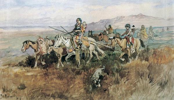 Indian Woman Moving Camp With Travois by Charles Marion Russell