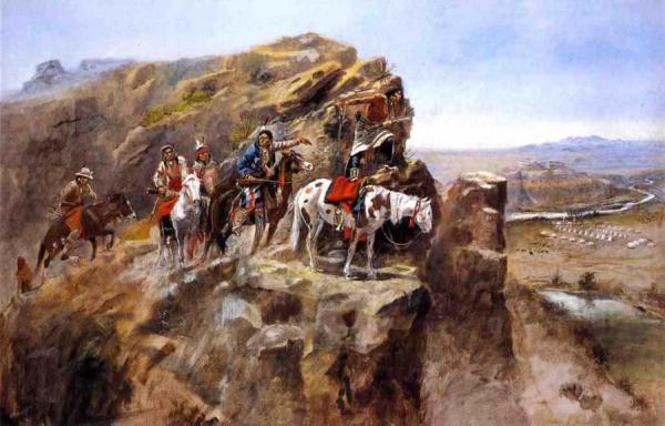 Indians On A Bluff Surveying General Miles' Troops by Charles Marion Russell