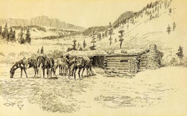 Where I Learned The Diamond Hitch - The Old Hoover Ranch On The South Fork Of The Judith by Charles Marion Russell