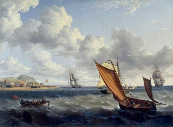 Charles Martin Powell A Fishing Lugger And Customs Boat Off A Coastal Town