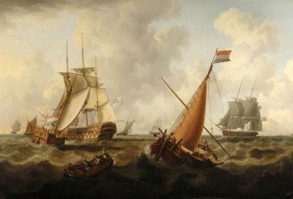 Dutch And British Men O' War Off The Coast, Dutch Boat In The Foreground by Charles Martin Powell Oil Painting Reproductions