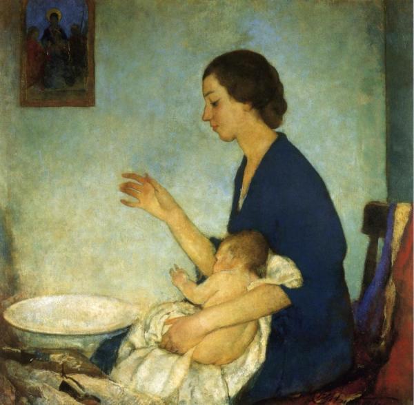 The Bath - Portrait Of Emelyn Nickerson With Baby by Charles W. Hawthorne