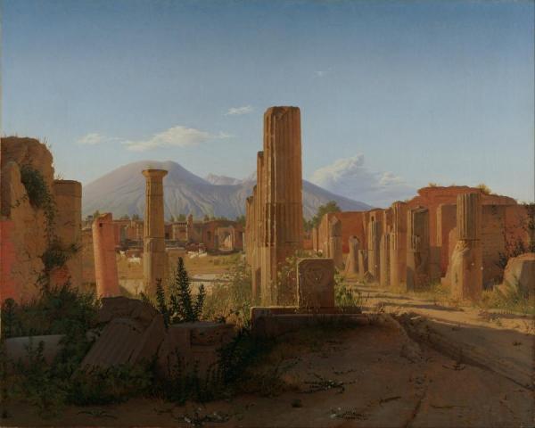 The Forum At Pompeii With Vesuvius In The Background by Christen Kobke