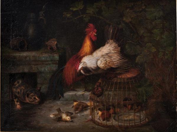 Rooster, Hen, Chicks And Cat by Christian August Printz
