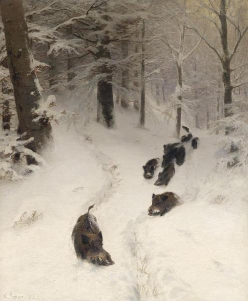 Boars In Winter Forest by Christian Johann Kroner