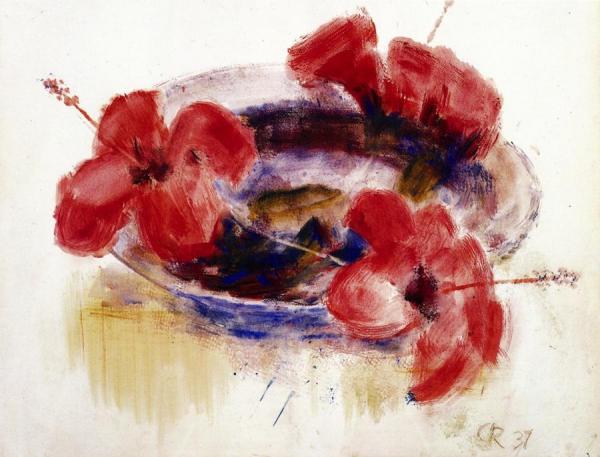 Hibiscus Blooms In A Glass Bowl by Christian Rohlfs