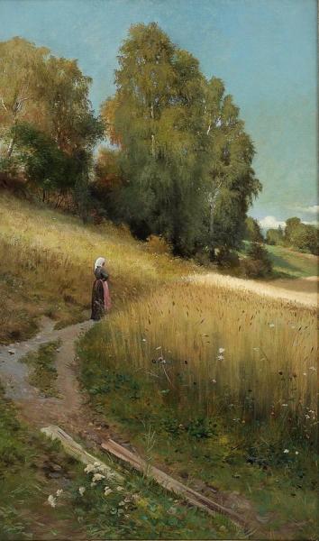 Autumn Landscape With Woman In A Cornfield by Christian Skredsvig