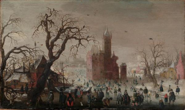 A Winter Landscape With Ice Skaters And An Imaginary Castle by Christoffel Van Den Berghe