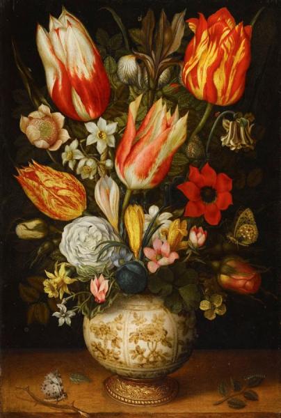Still Life Of Tulips, Roses, Narissi, Daffodils, Crocuses, An Iris, Etc. by Christoffel Van Den Berghe
