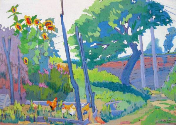 Sunflowers And Chickens by Clara Deike