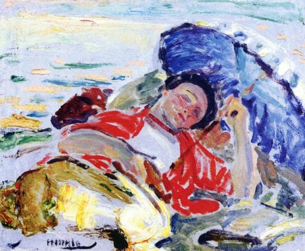 Mabel Lying On Beach With Blue Parasol by Clarence Hinkle Oil Painting Reproductions