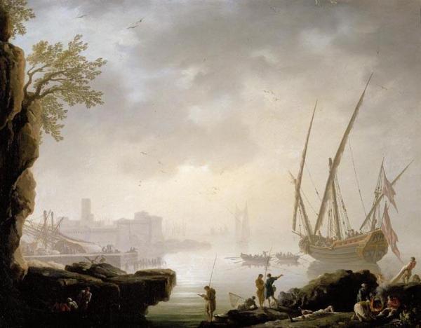 A Coastal Landscape With A Harbour In The Early Morning by Claude-joseph Vernet