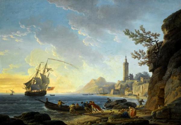 A Coastal Scene With A Lighthouse On The Cliffs And Fishermen by Claude-joseph Vernet