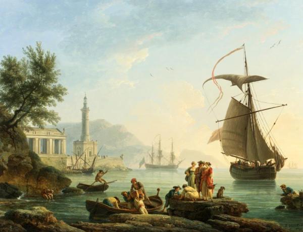 A Lighthouse And A Man Of War At Anchor In The Bay by Claude-joseph Vernet