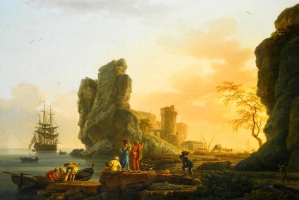 A Mediterranean Coastal Scene At Sunset With Figures Fishing In The Foreground by Claude-joseph Vernet