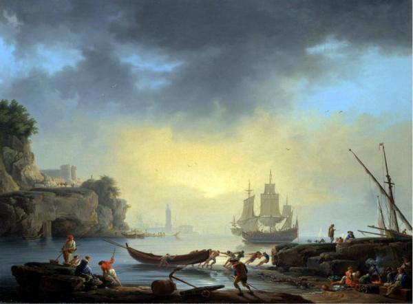 A Mediterranean Coastal Scene With Fishermen Bringing In Their Boats by Claude-joseph Vernet