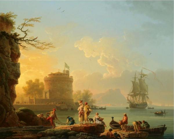 A Mediterranean Harbor Scene At Sunset With Fishermen by Claude-joseph Vernet