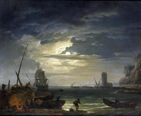 A Mediterranean Inlet By Moonlight by Claude-joseph Vernet