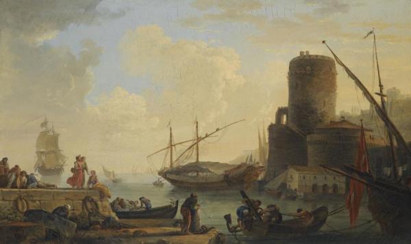 A Mediterranean Sea Port With Sailors Letting Down The Anchor And Unloading The Cargo Of A Ship by Claude-joseph Vernet