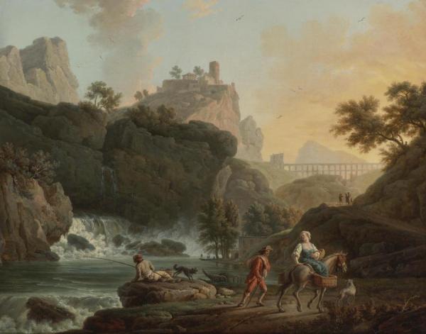 A Rocky Landscape With A Fisherman And Travellers By A River With A Waterfall, An Aqueduct In The Distance by Claude-joseph Vernet