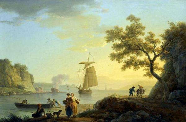 An Extensive Coastal Landscape With Fishermen Unloading Their Boats by Claude-joseph Vernet