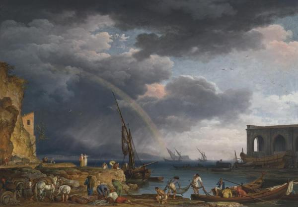 An Italianate Coastal View With A Rainbow, Fisherman, And Peasants At An Inlet In The Foreground, A Shipwright's Yard Beyond by Claude-joseph Vernet