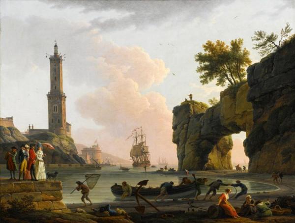 Mediterranean Harbor At Sunset With The Artist And Family by Claude-joseph Vernet