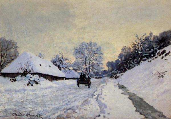 A Cart On The Snow Covered Road With Saint-simeon Farm by Claude Monet