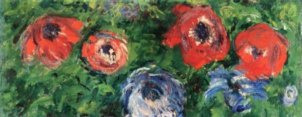 Anemones And Tulips In A Blue Vase by Claude Monet