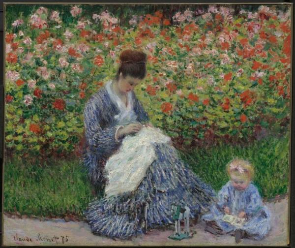 Camille Monet And A Child In The Artist's Garden In Argenteuil by Claude Monet