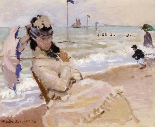 Camille On The Beach At Trouville by Claude Monet