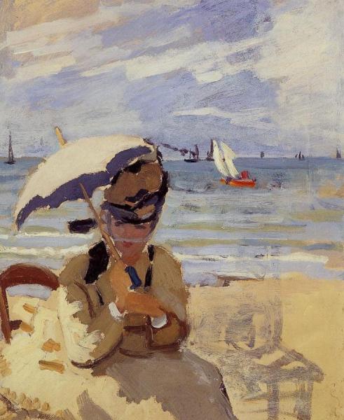 Camille Sitting On The Beach At Trouville by Claude Monet