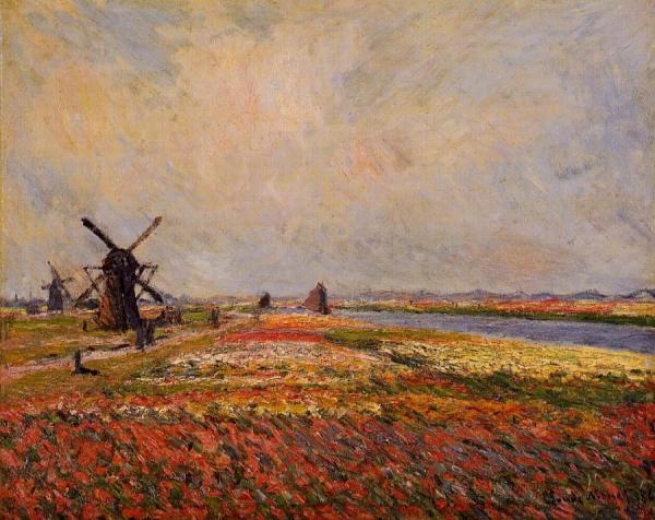 Fields Of Flowers And Windmills Near Leiden by Claude Monet