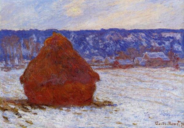 Grainstack In Overcast Weather, Snow Effect by Claude Monet