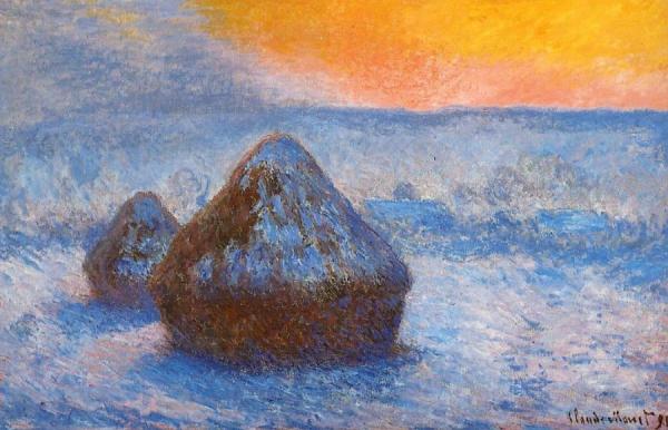 Grainstacks At Sunset, Snow Effect by Claude Monet