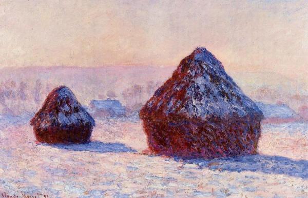 Grainstacks In The Morning, Snow Effect by Claude Monet