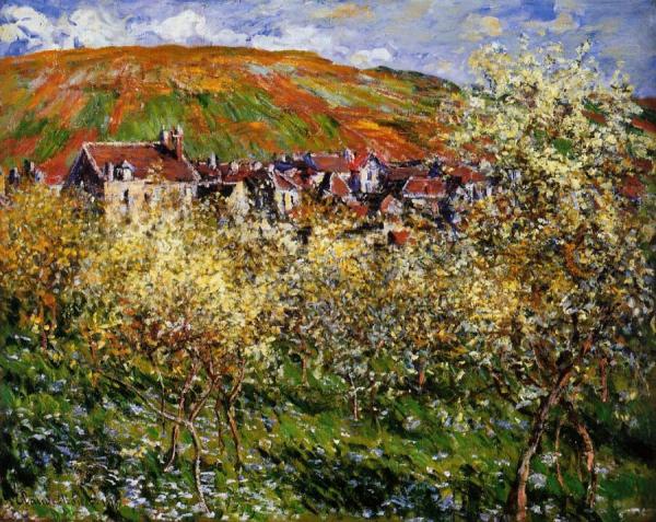 Plum Trees In Blossom At Vetheuil by Claude Monet