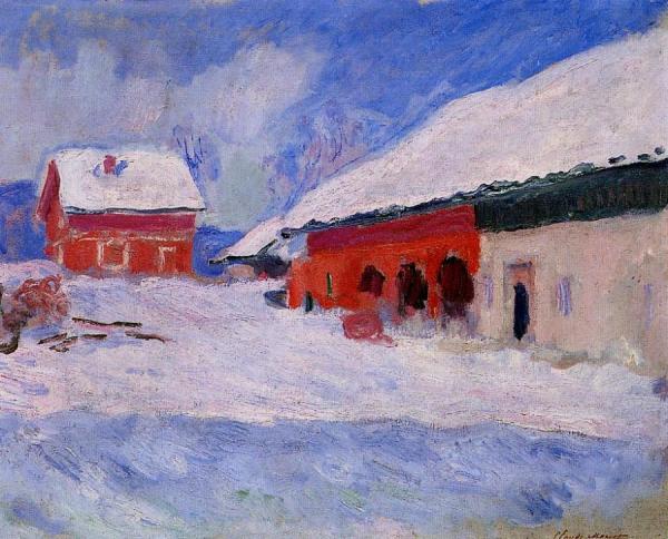 Red Houses At Bjornegaard In The Snow, Norway by Claude Monet