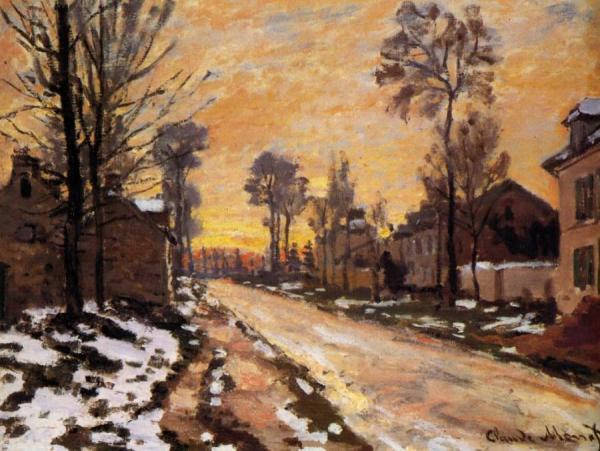 Road At Louveciennes, Melting Snow, Sunset by Claude Monet