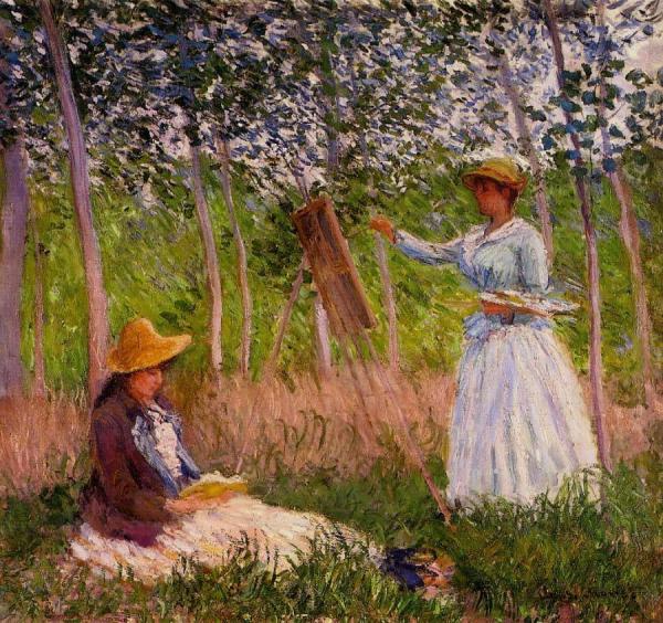 Suzanne Reading And Blanche Painting By The Marsh At Giverny by Claude Monet